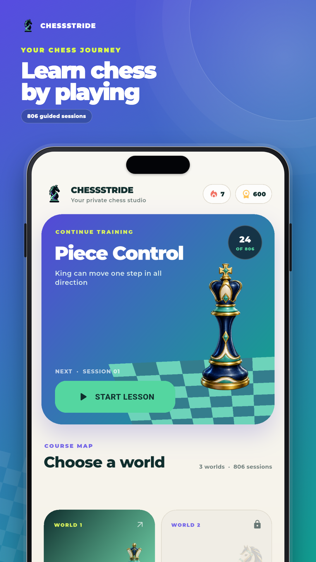 ChessStride home screen with lessons and progress