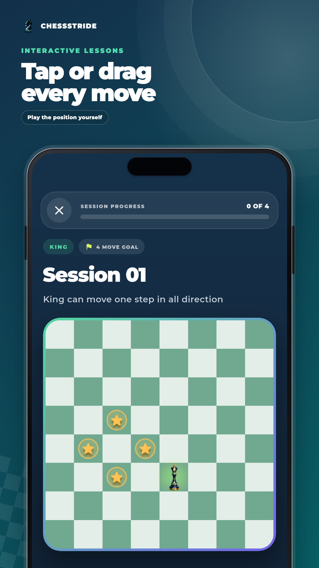 A ChessStride lesson interface with guided actions